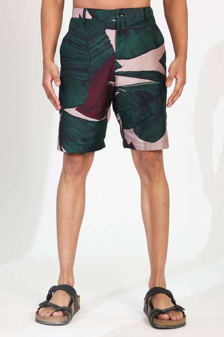 Koai Green Cotton, Silk Leaf Pattern Shorts at Aza Fashions Koai_Green Cotton, Silk Leaf Pattern Shorts _at_Aza_Fashions