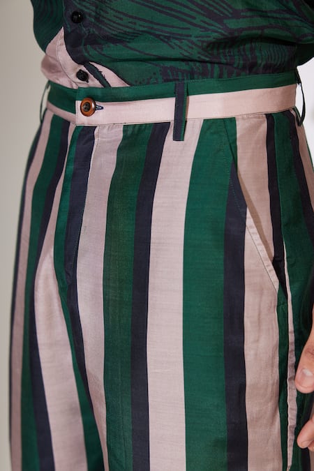 Buy_Koai_Green Cotton, Silk Stripe Pattern Shorts _Online_at_Aza_Fashions