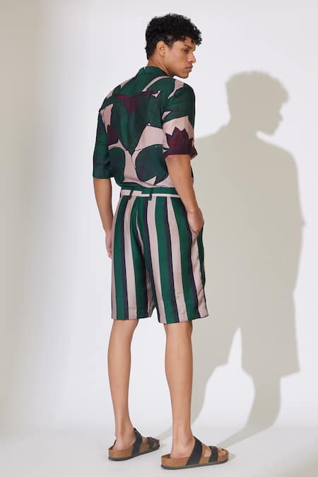 Shop_Koai_Green Cotton, Silk Stripe Pattern Shorts _Online_at_Aza_Fashions