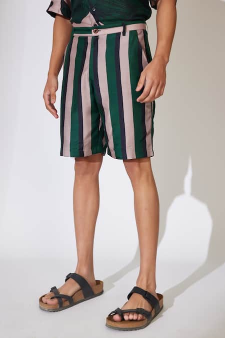 Koai_Green Cotton, Silk Stripe Pattern Shorts _at_Aza_Fashions