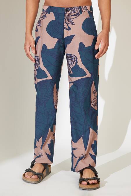 Shop Koai Orange Muslin, Cotton, Silk Floral Leaf Pattern Pant Online at Aza Fashions Shop_Koai_Orange Muslin, Cotton, Silk Floral Leaf Pattern Pant _Online_at_Aza_Fashions