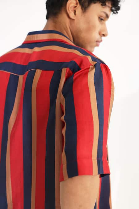 Koai_Red Cotton, Silk Striped Button Down Shirt _Online_at_Aza_Fashions