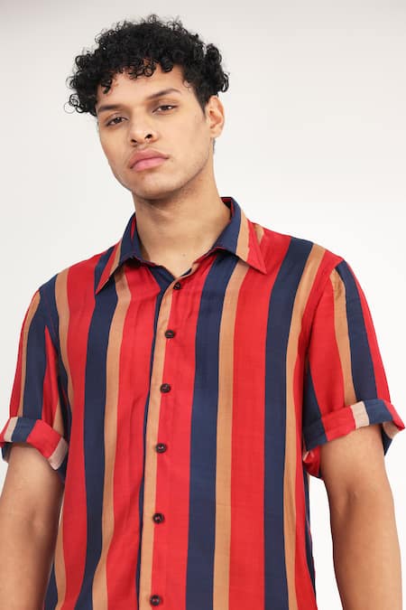 Shop_Koai_Red Cotton, Silk Striped Button Down Shirt _Online_at_Aza_Fashions