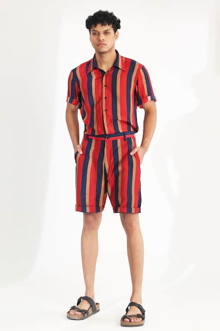 Koai_Red Cotton, Silk Striped Button Down Shirt _at_Aza_Fashions