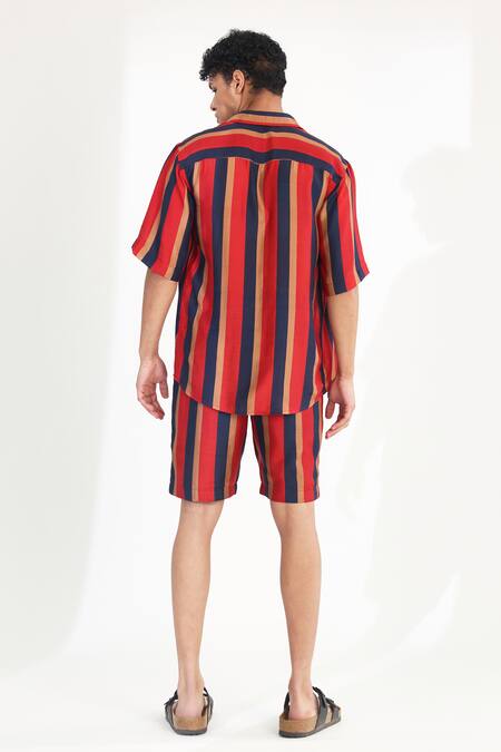 Shop_Koai_Red Cotton, Silk Striped Button Down Shirt _at_Aza_Fashions