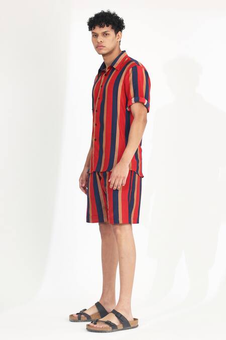 Koai Red Cotton, Silk Striped Shorts Online at Aza Fashions Koai_Red Cotton, Silk Striped Shorts _Online_at_Aza_Fashions
