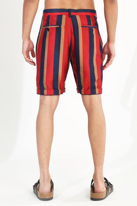 Shop Koai Red Cotton, Silk Striped Shorts Online at Aza Fashions Shop_Koai_Red Cotton, Silk Striped Shorts _Online_at_Aza_Fashions
