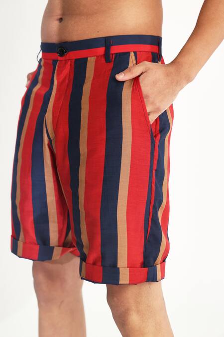 Koai Red Cotton, Silk Striped Shorts at Aza Fashions Koai_Red Cotton, Silk Striped Shorts _at_Aza_Fashions