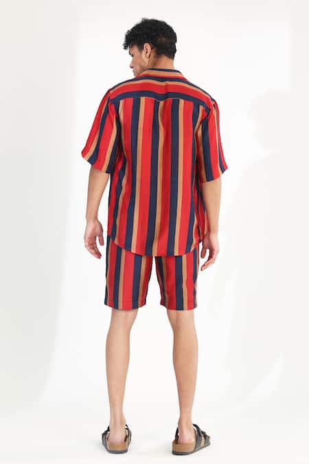 Shop Koai Red Cotton, Silk Striped Shorts at Aza Fashions Shop_Koai_Red Cotton, Silk Striped Shorts _at_Aza_Fashions