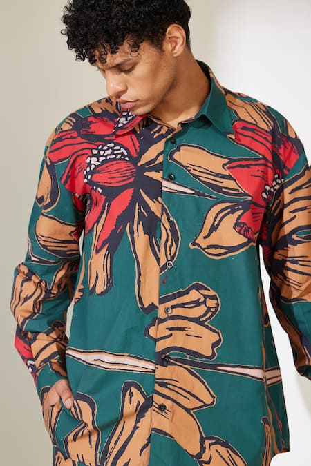 Koai_Green Poplin, Cotton Floral Pattern Button Down Shirt _Online_at_Aza_Fashions