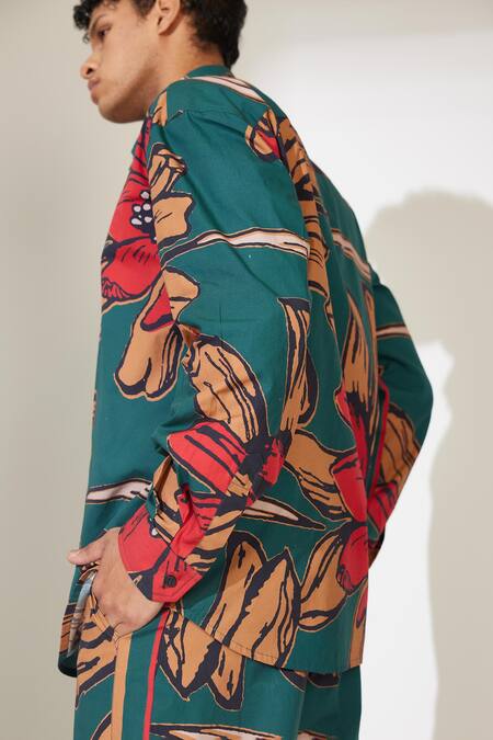 Buy_Koai_Green Poplin, Cotton Floral Pattern Button Down Shirt _Online_at_Aza_Fashions
