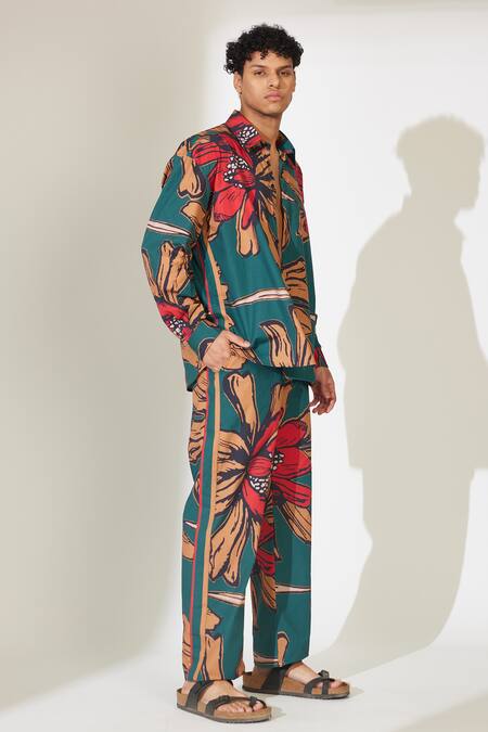 Shop_Koai_Green Poplin, Cotton Floral Pattern Button Down Shirt _Online_at_Aza_Fashions