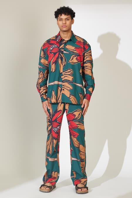 Koai_Green Poplin, Cotton Floral Pattern Button Down Shirt _at_Aza_Fashions