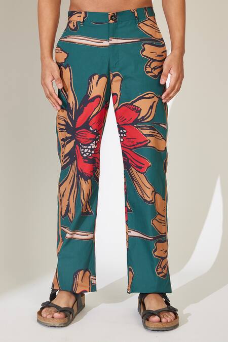 Koai_Green Poplin Cotton Floral Pattern Straight Pant _Online_at_Aza_Fashions