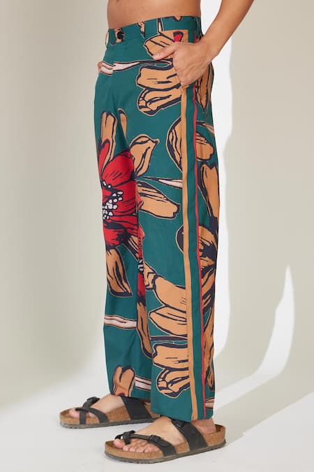 Shop_Koai_Green Poplin Cotton Floral Pattern Straight Pant _Online_at_Aza_Fashions
