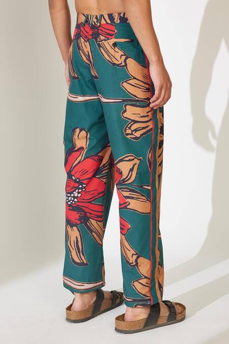 Koai_Green Poplin Cotton Floral Pattern Straight Pant _at_Aza_Fashions