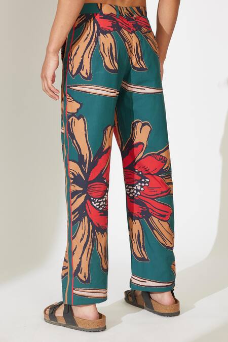 Shop_Koai_Green Poplin Cotton Floral Pattern Straight Pant _at_Aza_Fashions
