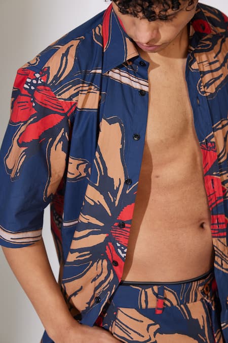 Koai_Blue Poplin, Cotton Embroidery Flower Pattern Shirt _Online_at_Aza_Fashions