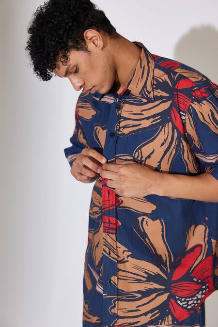 Buy_Koai_Blue Poplin, Cotton Embroidery Flower Pattern Shirt _Online_at_Aza_Fashions