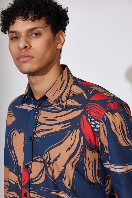 Shop_Koai_Blue Poplin, Cotton Embroidery Flower Pattern Shirt _Online_at_Aza_Fashions