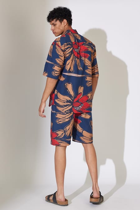 Shop_Koai_Blue Poplin, Cotton Embroidery Flower Pattern Shirt _at_Aza_Fashions