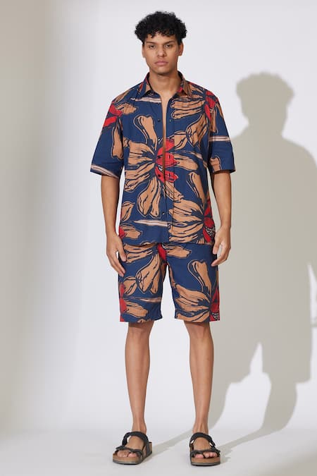 Koai_Blue Poplin, Cotton Embroidery Flower Pattern Shirt _at_Aza_Fashions