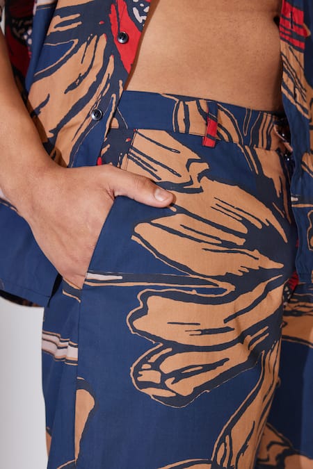 Koai_Blue Poplin, Cotton Flower Pattern Shorts _Online_at_Aza_Fashions