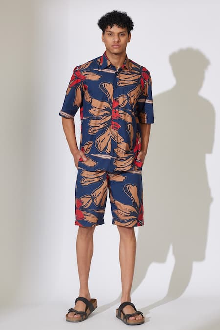 Buy_Koai_Blue Poplin, Cotton Flower Pattern Shorts _Online_at_Aza_Fashions
