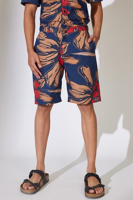 Shop_Koai_Blue Poplin, Cotton Flower Pattern Shorts _Online_at_Aza_Fashions