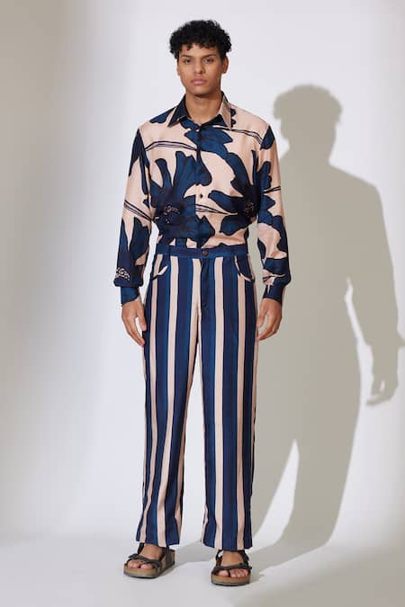 Koai_Blue Cotton, Silk Stripe Pattern Pant _Online_at_Aza_Fashions