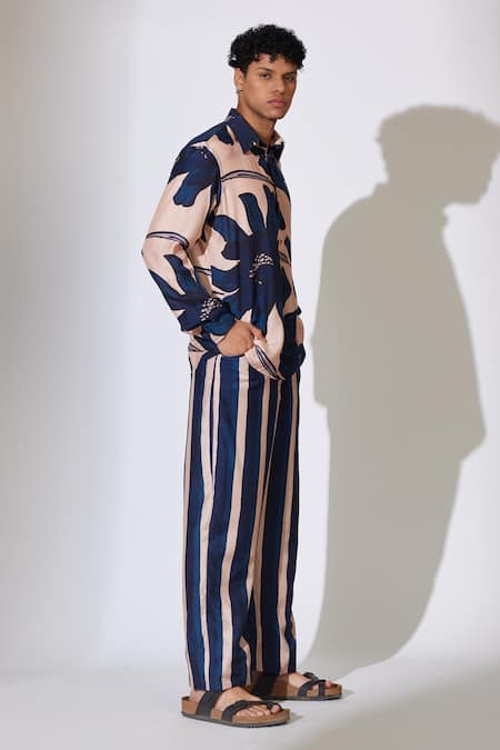 Buy_Koai_Blue Cotton, Silk Stripe Pattern Pant _Online_at_Aza_Fashions