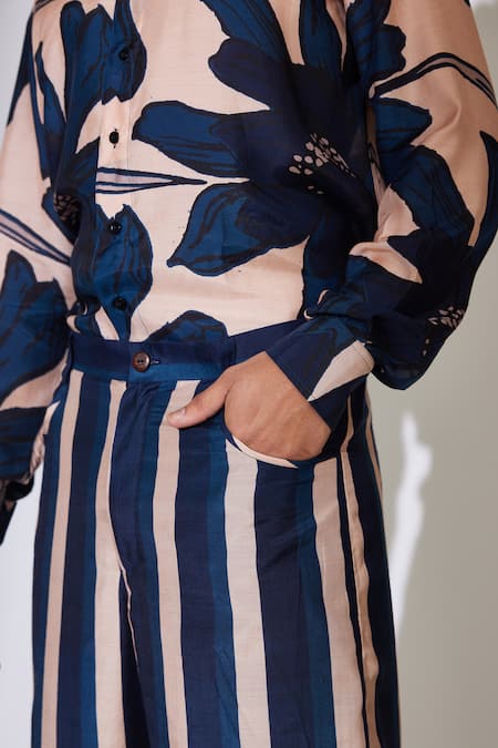 Shop_Koai_Blue Cotton, Silk Stripe Pattern Pant _Online_at_Aza_Fashions