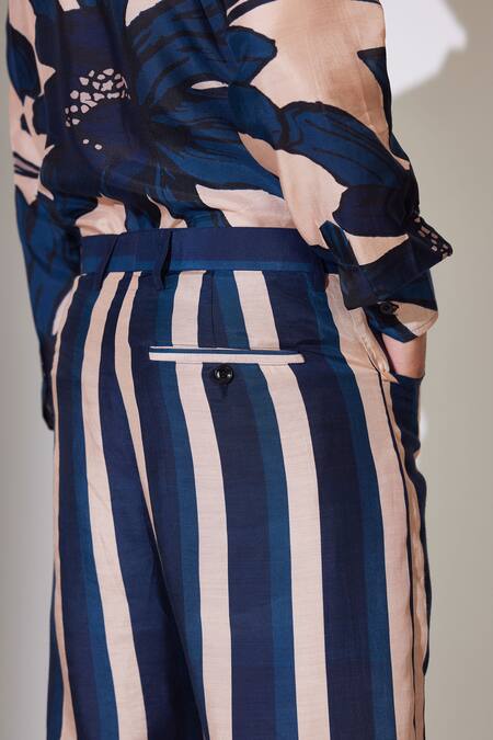 Koai_Blue Cotton, Silk Stripe Pattern Pant _at_Aza_Fashions