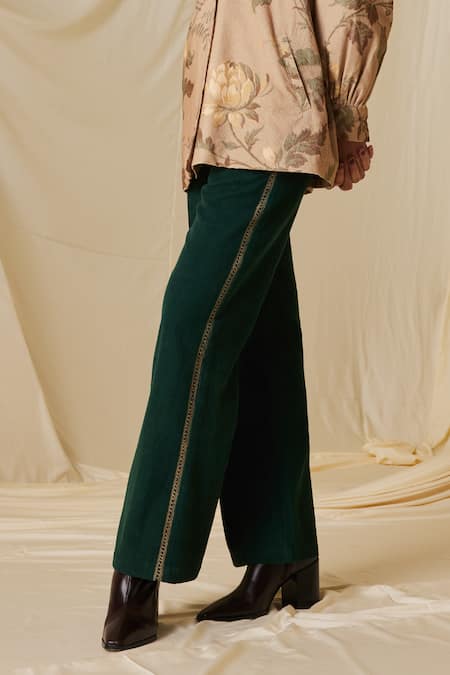 Cord - Green Corduroy Embroidery Stitchline Thread 60s Flared Pant For Women