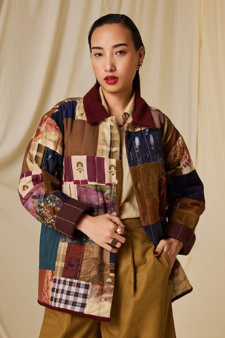Cord Multi Color Cotton Collared Archive Patchwork Embroidered Jacket