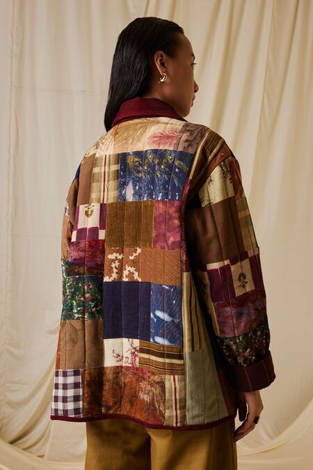 Buy Cord Multi Color Cotton Collared Archive Patchwork Embroidered Jacket Online at Aza Fashions Buy_Cord_Multi Color Cotton Collared Archive Patchwork Embroidered Jacket_Online_at_Aza_Fashions