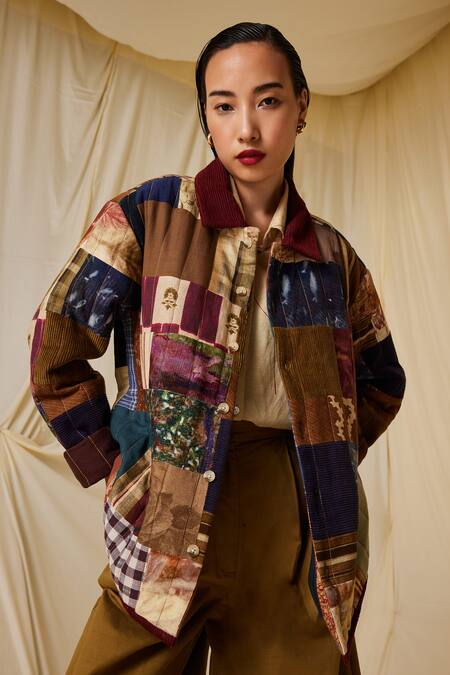 Shop Cord Multi Color Cotton Collared Archive Patchwork Embroidered Jacket Online at Aza Fashions Shop_Cord_Multi Color Cotton Collared Archive Patchwork Embroidered Jacket_Online_at_Aza_Fashions
