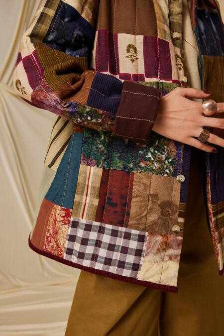 Buy Cord Multi Color Cotton Collared Archive Patchwork Embroidered Jacket Buy_Cord_Multi Color Cotton Collared Archive Patchwork Embroidered Jacket