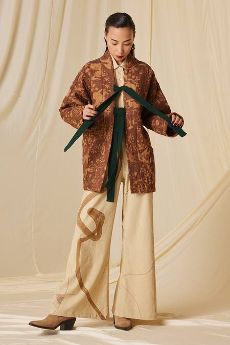 Cord_Brown Cotton Collared Miniature Print Quilted Jacket_Online_at_Aza_Fashions