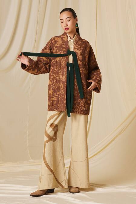 Buy_Cord_Brown Cotton Collared Miniature Print Quilted Jacket_Online_at_Aza_Fashions