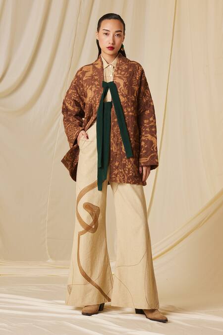 Shop_Cord_Brown Cotton Collared Miniature Print Quilted Jacket_Online_at_Aza_Fashions