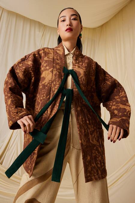 Cord_Brown Cotton Collared Miniature Print Quilted Jacket_at_Aza_Fashions