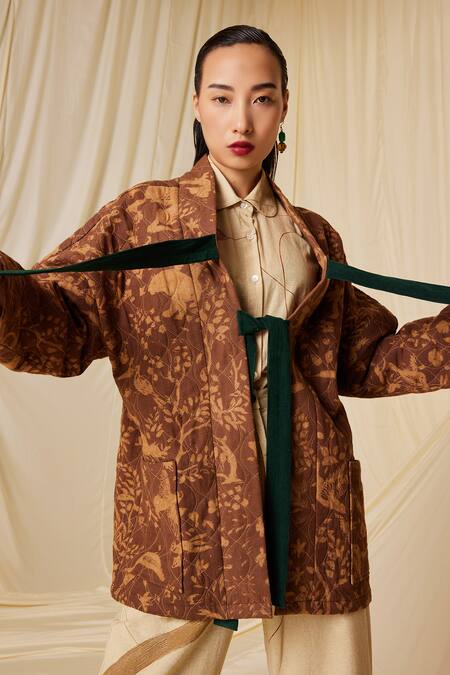 Buy_Cord_Brown Cotton Collared Miniature Print Quilted Jacket