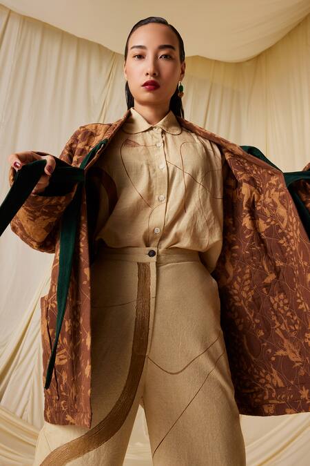 Shop_Cord_Brown Cotton Collared Miniature Print Quilted Jacket