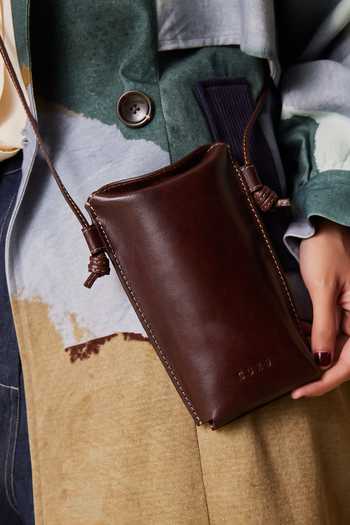 Shop Cord Brown Rectangle Leather Phone Sling Bag at Aza Fashions Shop_Cord_Brown Rectangle Leather Phone Sling Bag_at_Aza_Fashions