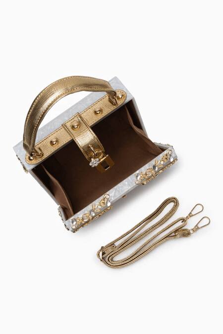 Shop Pine And Drew Ivory Embellished Bella Floral Vine Carved Box Bag at Aza Fashions Shop_Pine And Drew_Ivory Embellished Bella Floral Vine Carved Box Bag_at_Aza_Fashions