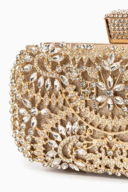 Pine And Drew Gold Embellished Jayden Carved Floral Clutch Online at Aza Fashions Pine And Drew_Gold Embellished Jayden Carved Floral Clutch_Online_at_Aza_Fashions