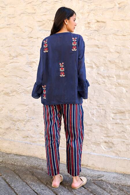 Shop Ayaka Blue Cotton, Viscose Embroidery V-neck Pearl Hand Top at Aza Fashions Shop_Ayaka_Blue Cotton, Viscose Embroidery V-neck Pearl Hand Top _at_Aza_Fashions