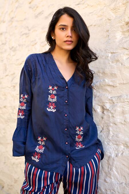 Shop Ayaka Blue Cotton, Viscose Embroidery V-neck Pearl Hand Top Online at Aza Fashions Shop_Ayaka_Blue Cotton, Viscose Embroidery V-neck Pearl Hand Top _Online_at_Aza_Fashions