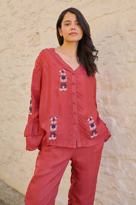 Ayaka_Red Cotton, Viscose Embroidery V-neck Pearl Floral Hand Top _Online_at_Aza_Fashions